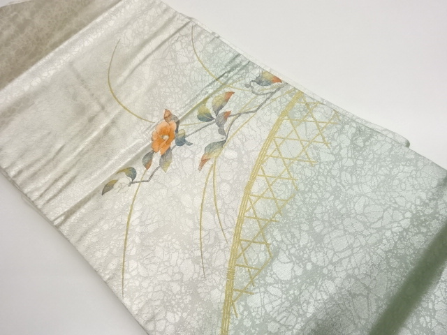 JAPANESE KIMONO / CAMELLIA PATTERN EMBROIDERY NAGOYA OBI GILT KOETSUGA